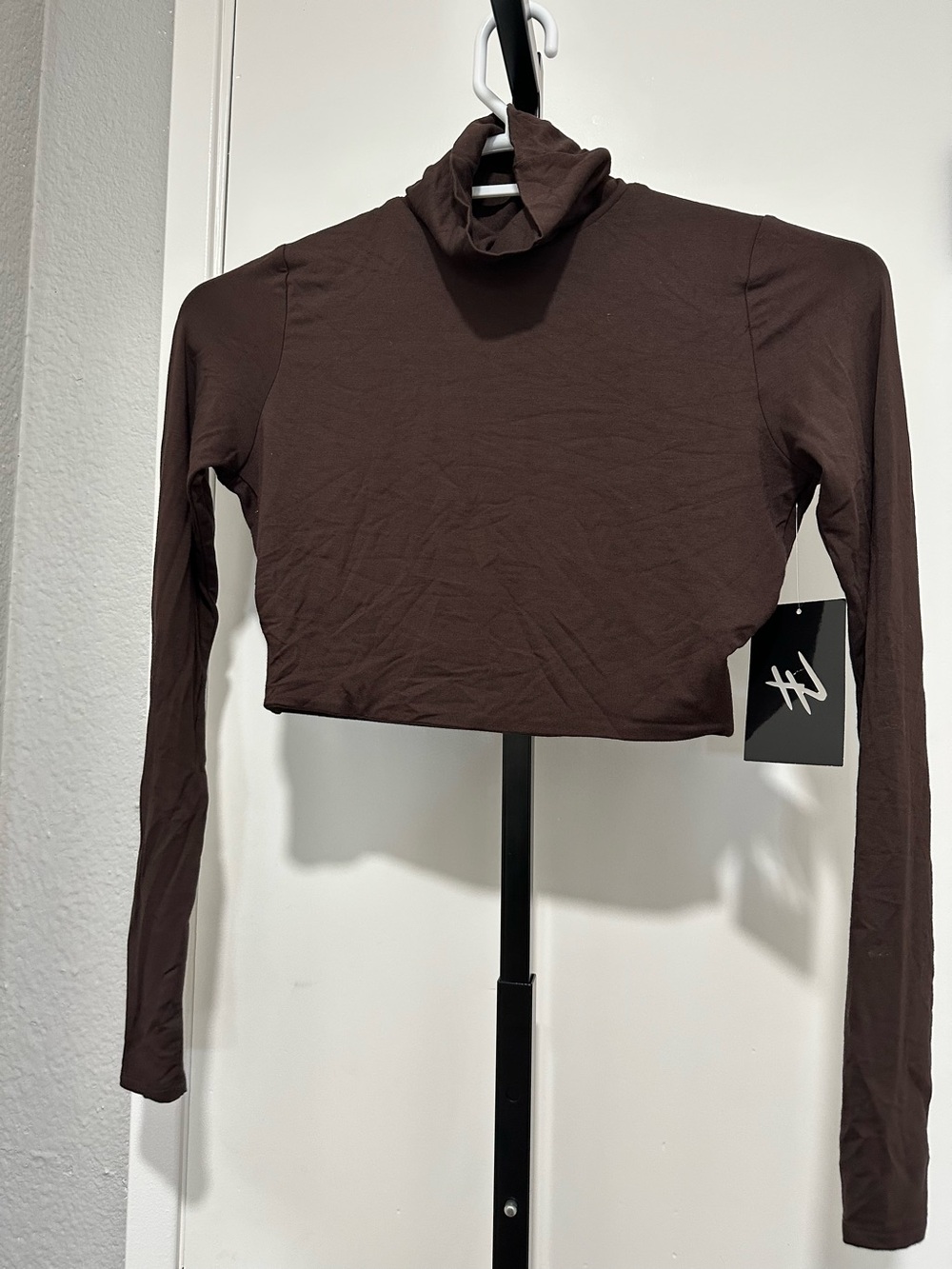 naked wardrobe Chocolate Brown Cropped Turtleneck Long Sleeve Top